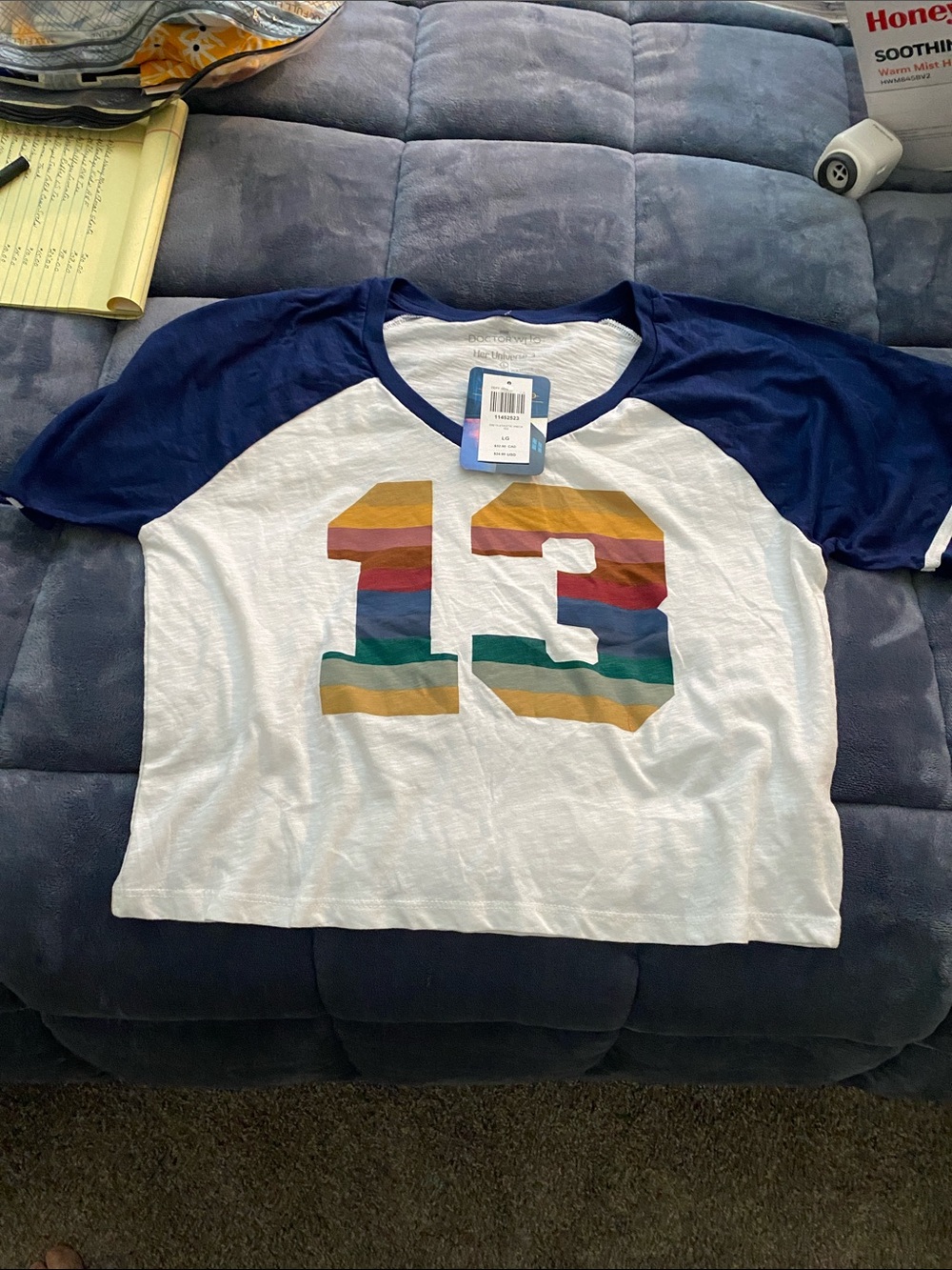 Women’s Navy & White Raglan Crop Top with Multicolor '13' Graphic